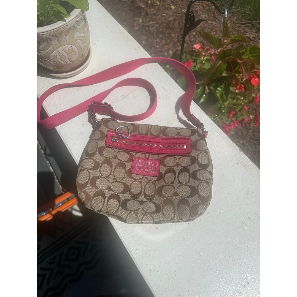 Coach Signature Canvas Crossbody with Pink Trim